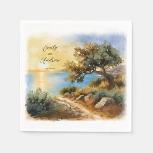 Coast Watercolor Sunset Mediterranean Wedding Napkin