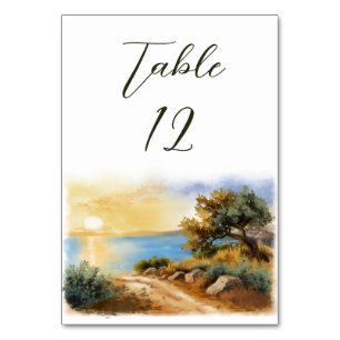 Coast Watercolor Sunset Mediterranean Wedding Table Number