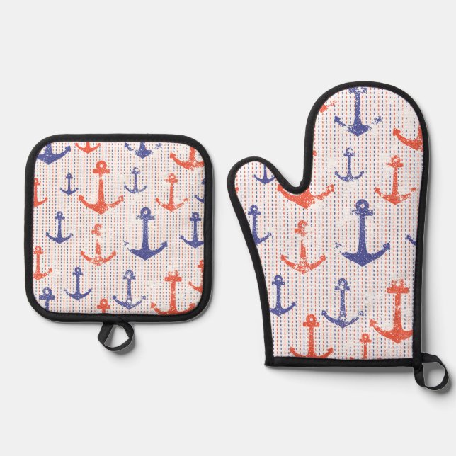 Coastal Americana Anchors Oven Mitt & Pot Holder Set (Front)