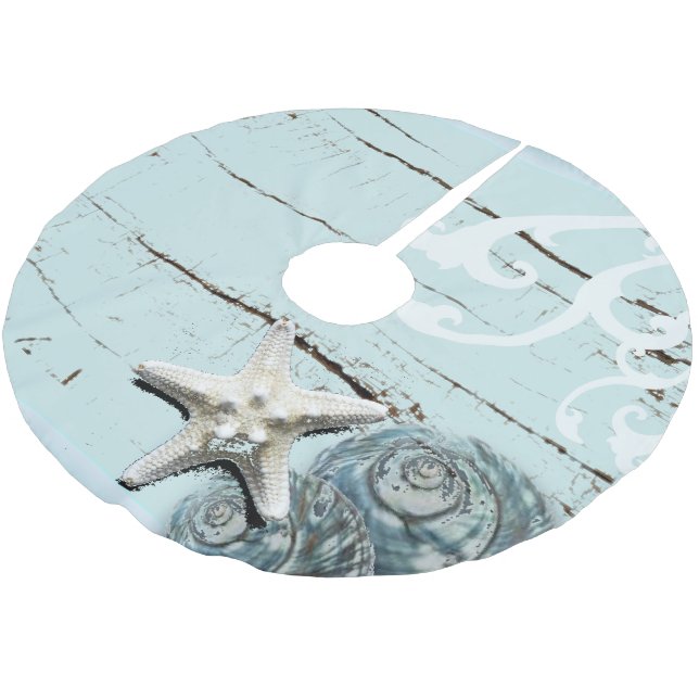 Coastal aqua blue beach wood starfish seashell brushed polyester tree skirt (Angled)