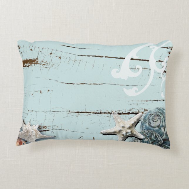 Coastal aqua blue beach wood starfish seashell decorative cushion (Back)