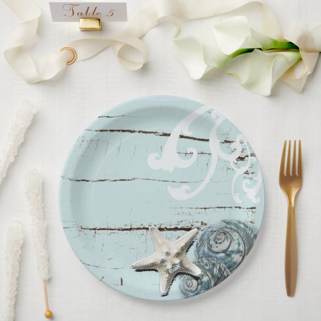 Coastal aqua blue beach wood starfish seashell paper plate (Wedding)