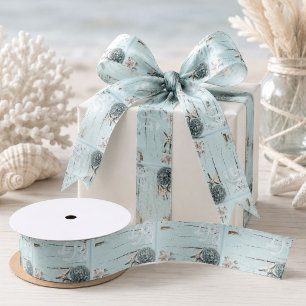 Coastal aqua blue beach wood starfish seashell satin ribbon