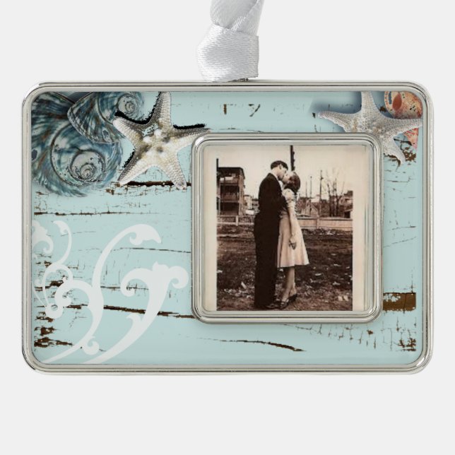 Coastal aqua blue beach wood starfish seashell silver plated framed ornament (Front)