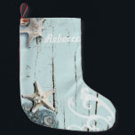 Coastal aqua blue beach wood starfish seashell small christmas stocking<br><div class="desc">Coastal aqua blue beach wood starfish seashell home decor,  beach sign canvas art,  beach time,  beach home decor,  cottage home decor,  chic nautical home decor . Rustic beach wedding favours.</div>