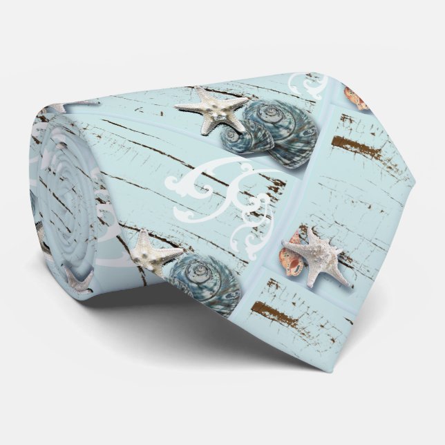 Coastal aqua blue beach wood starfish seashell tie (Rolled)