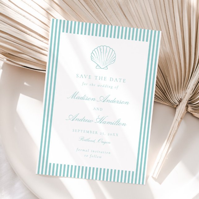 Coastal Aqua Stripe Shell Wedding Save the Date (Creator Uploaded)