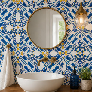 Coastal Arabesque Blue Botanical Mosaic Elegant Tile