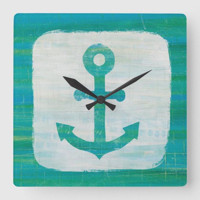 Coastal Art | Aqua Anchor Square Wall Clock (Front)