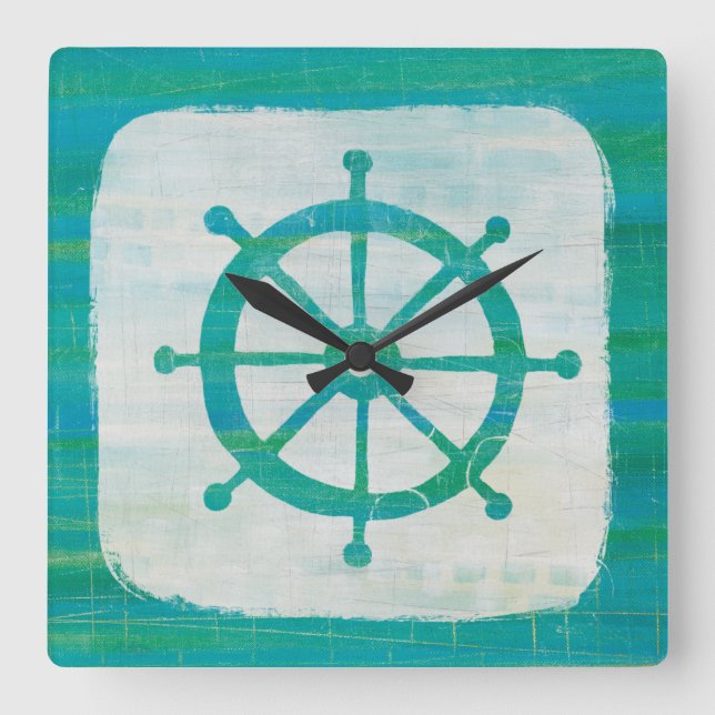 Coastal Art | Aqua Steering Wheel Square Wall Clock (Front)