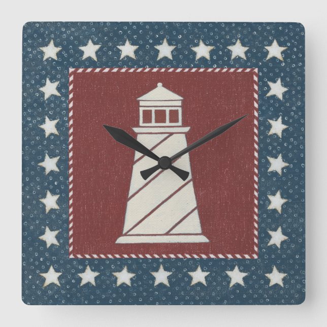 Coastal Art | Lighthouse on Red Square Wall Clock (Front)