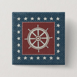 Coastal Art   Ship wheel on Red 15 Cm Square Badge
