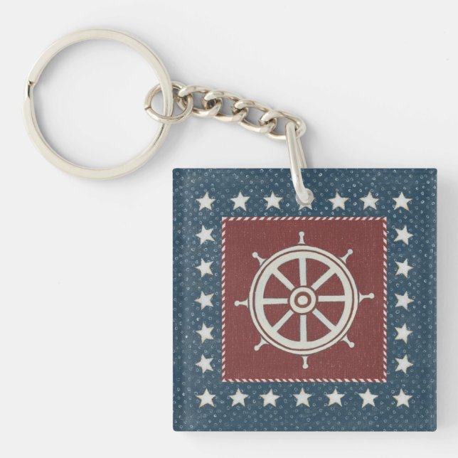 Coastal Art | Ship wheel on Red Key Ring (Front)