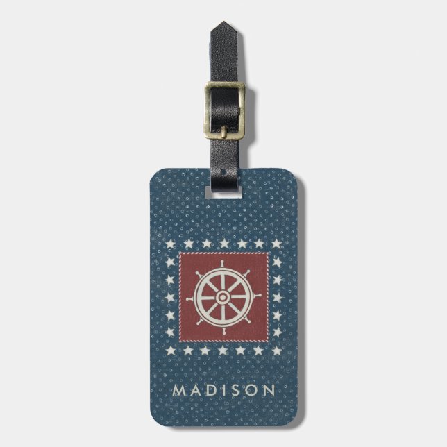 Coastal Art | Ship wheel on Red Luggage Tag (Front Vertical)