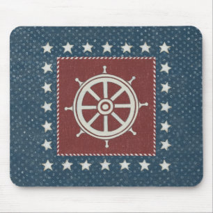 Coastal Art   Ship wheel on Red Mouse Mat