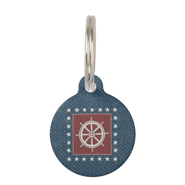 Coastal Art | Ship wheel on Red Pet Tag (Front)