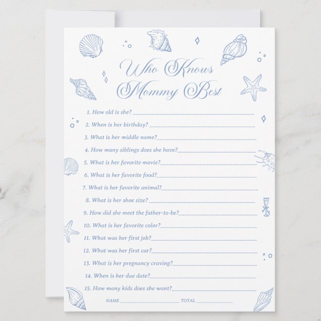 Coastal Baby Shower Who Knows Mummy Best Game Card (Front)