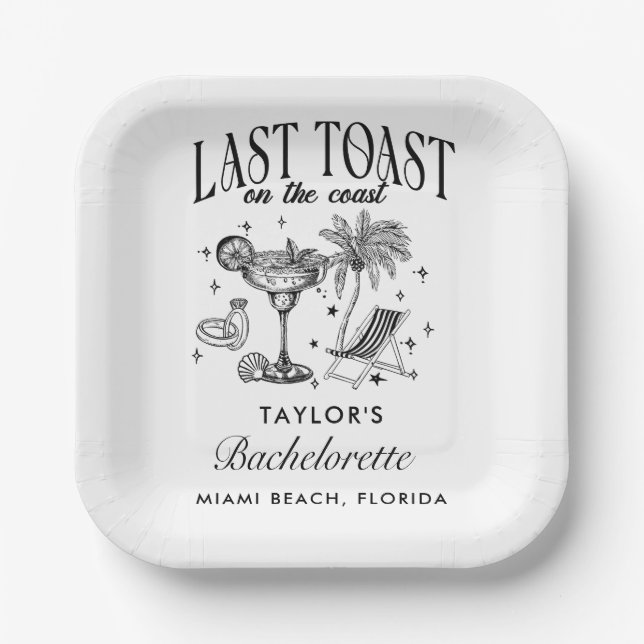 Coastal Bachelorette Modern Cocktail Party Black Paper Plate (Front)