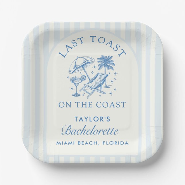 Coastal Bachelorette Modern Cocktail Party Blue Paper Plate (Front)