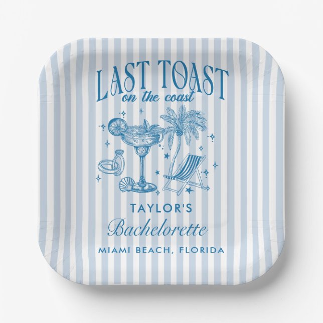 Coastal Bachelorette Modern Cocktail Party Blue Paper Plate (Front)