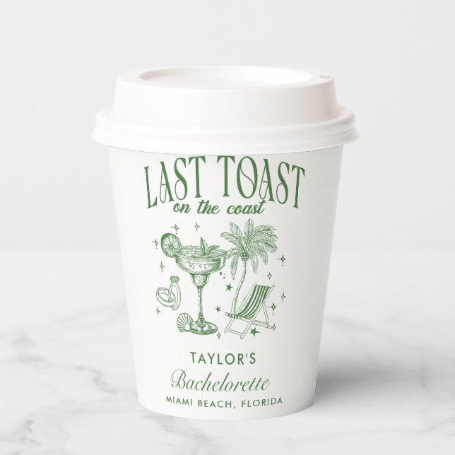 Coastal Bachelorette Modern Cocktail Party Green Paper Cups (Front)