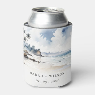 Coastal Bali Beach Palm Tree Watercolor Wedding Can Cooler
