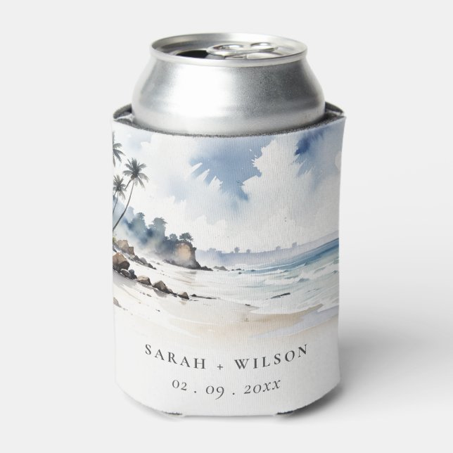 Coastal Bali Beach Palm Tree Watercolor Wedding Can Cooler (Can Front)