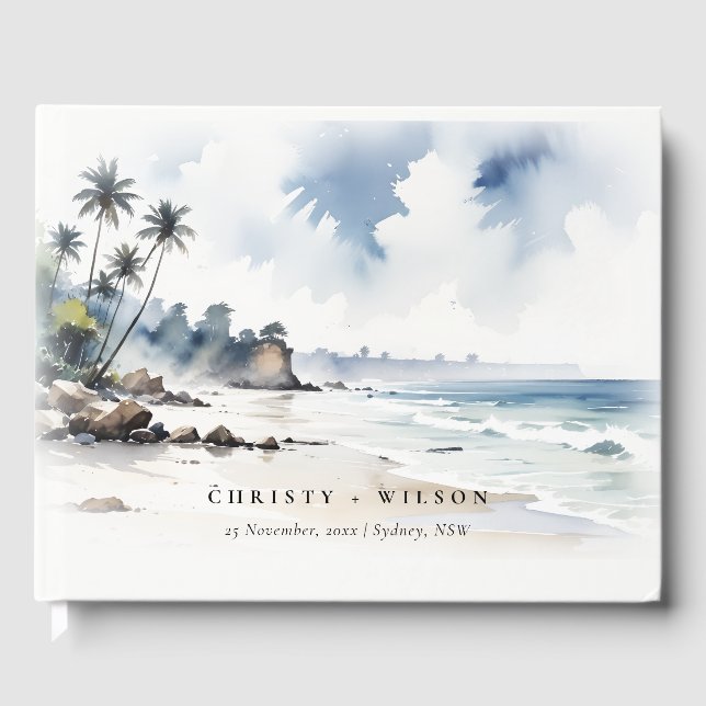 Coastal Bali Beach Palm Tree Watercolor Wedding Guest Book (Front)