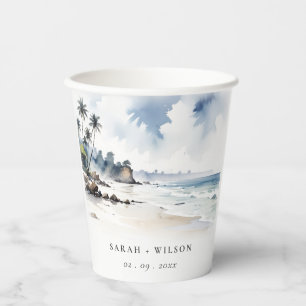 Coastal Bali Beach Palm Tree Watercolor Wedding Paper Cups