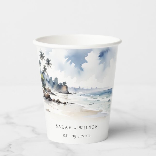 Coastal Bali Beach Palm Tree Watercolor Wedding Paper Cups (Front)