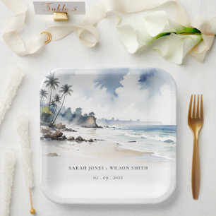 Coastal Bali Beach Palm Tree Watercolor Wedding Paper Plate