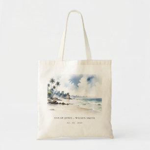 Coastal Bali Beach Palm Tree Watercolor Wedding Tote Bag