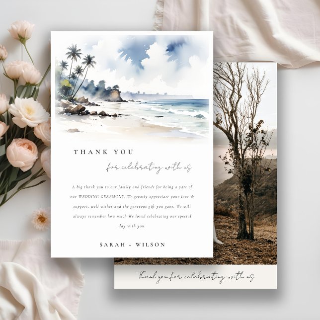 Coastal Bali Beach Palm Trees Wedding Photo Thank You Card (Creator Uploaded)
