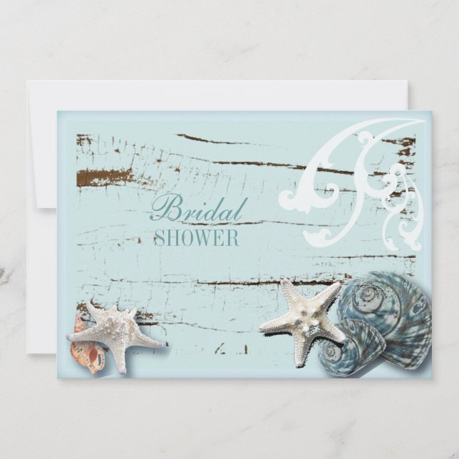 Coastal barn wood aqua blue starfish seashells invitation (Front)