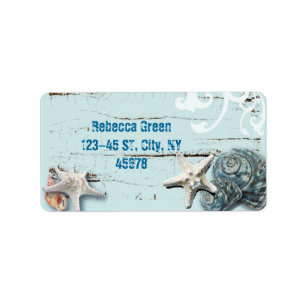 Coastal barn wood aqua blue starfish seashells label