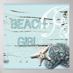 Coastal barn wood aqua blue starfish seashells poster