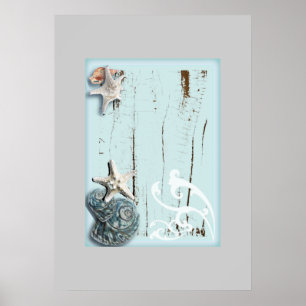 Coastal barn wood aqua blue starfish seashells poster
