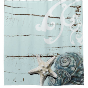 Coastal barn wood aqua blue starfish seashells shower curtain