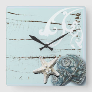 Coastal barn wood aqua blue starfish seashells square wall clock