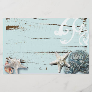 Coastal barn wood aqua blue starfish seashells stationery