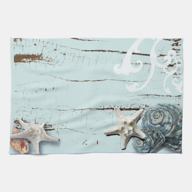 Coastal barn wood aqua blue starfish seashells tea towel (Horizontal)