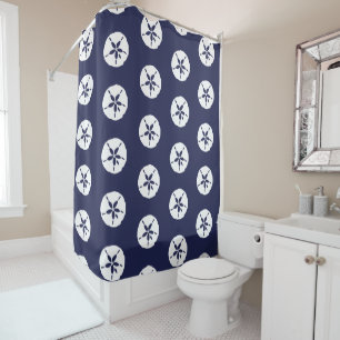 Coastal Bathroom Blue White Sand Dollar Sea Shell Shower Curtain