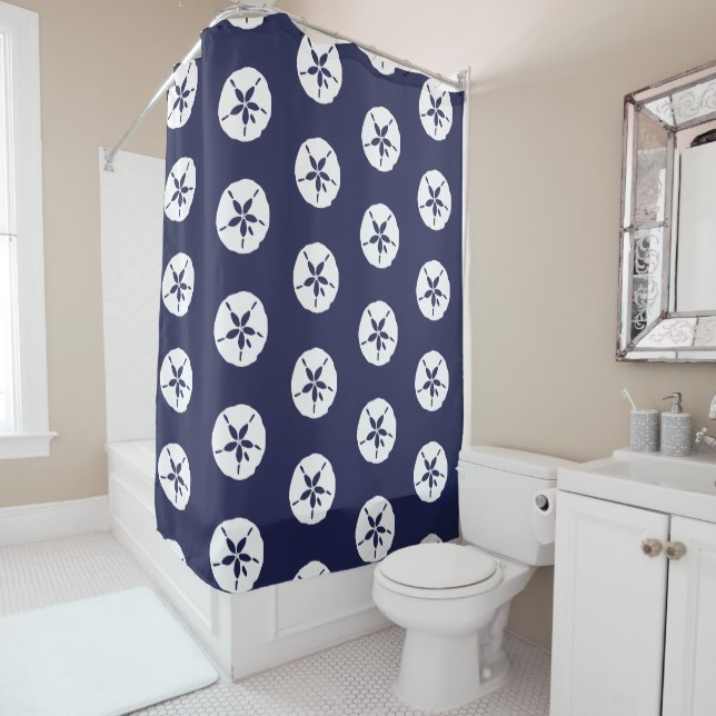 Coastal Bathroom Blue White Sand Dollar Sea Shell Shower Curtain (In Situ)