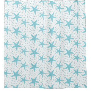 Coastal Beach Aqua Blue Starfish Pattern Shower Curtain