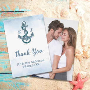 Coastal Beach Blue Anchor Nautical Wedding Photo Thank You Card