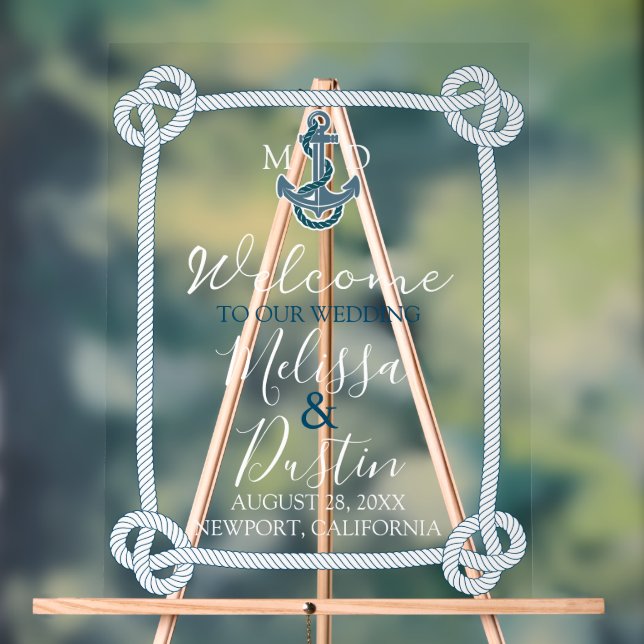 Coastal Beach Blue Anchor Nautical Wedding Welcome Acrylic Sign (Neutral)