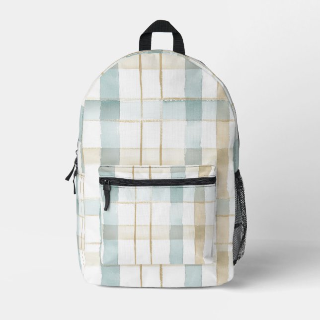 Coastal Beach Blue Cream White Plaid Stripes Printed Backpack (Front)