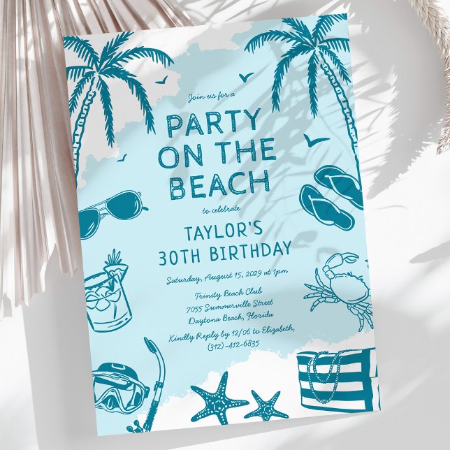 Coastal Beach Blue Doodle Birthday Party Invitation (Creator Uploaded)