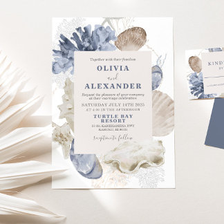 Coastal beach blue seashell wedding Invitation