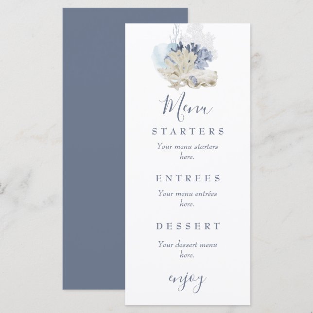 Coastal beach blue seashell wedding menu (Front/Back)